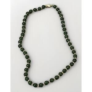 Vintage Nephrite Jade Necklace w/ 14K Gold Clasp 5mm Beads Hand Knotted 16.8g